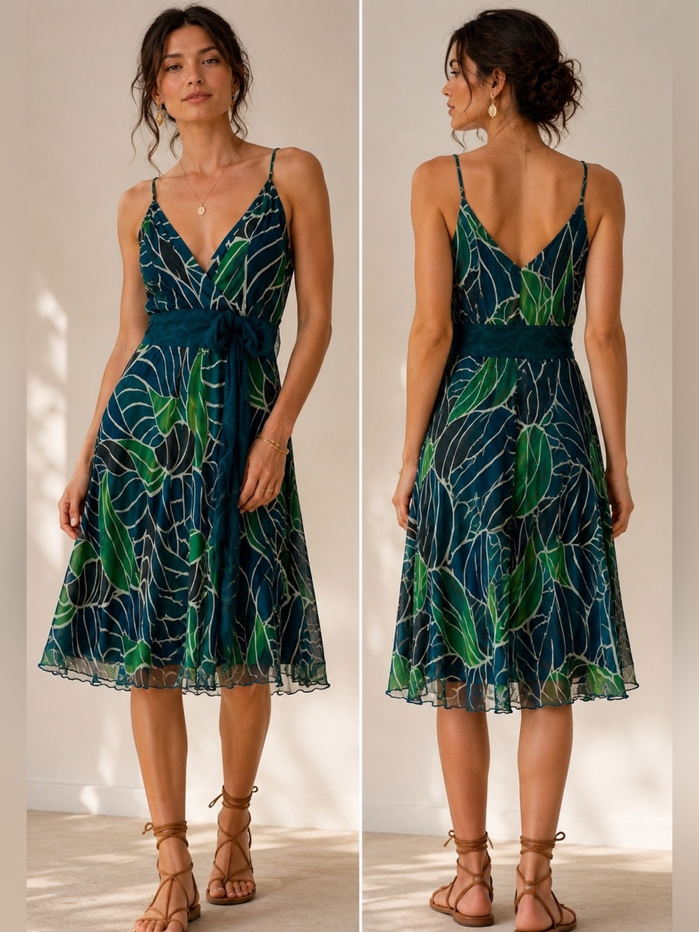 100% Silk Jonathan Martin Leaf Print Midi Dress